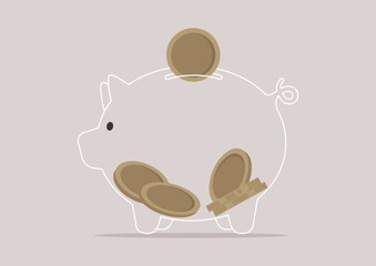 A joyful piggy bank accumulates coins as they are inserted, showcasing a lighthearted approach to saving money and financial management in a creative style