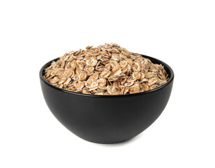 Spelt flakes isolated, dry raw rolled flat oat grains, wheat, oatmeal or bran, barley rye cereals