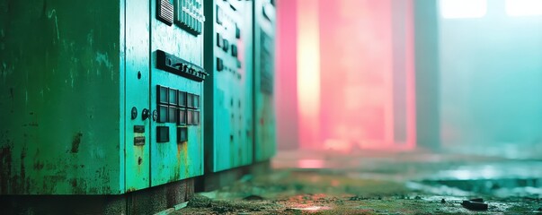 Generation Scarcity Voltage Concept. Abandoned vending machines in a misty, colorful environment.