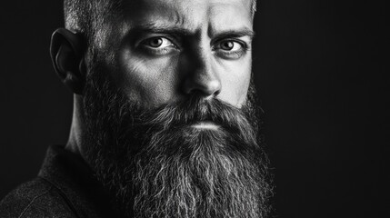 Striking black and white portrait of a man with a thick beard captured under dramatic studio lighting