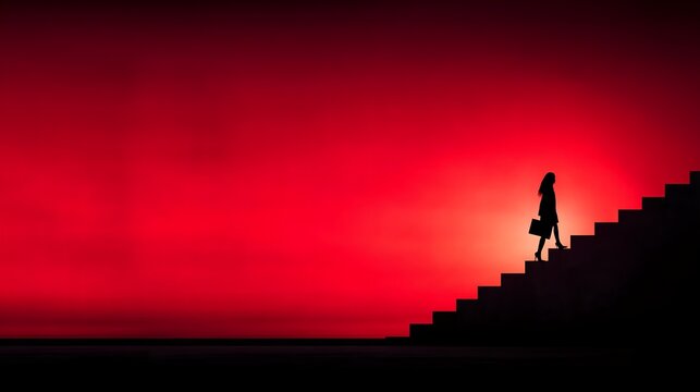 A silhouetted figure of a person holding a briefcase is seen walking up a staircase against a striking red background, creating a dramatic and visually compelling scene.  