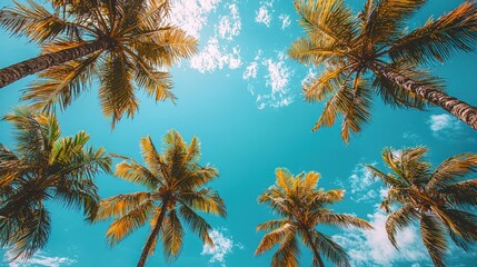 A low - angle view of a blue sky with palm trees creates a cinematic and tropical atmosphere. The clear blue sky stretches infinitely above the swaying palm trees, offering a sense of tranquility.