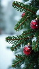 Evergreen fir branches intertwined with rustic pine cones and seasonal foliage against a snowy winter background , , garden, harvest