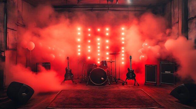 Red-lit stage with drum kit, guitars, and fog.