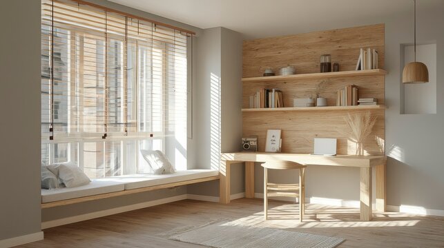 Minimalist home office with wooden wall and natural light, embodying modern simplicity and productivity.