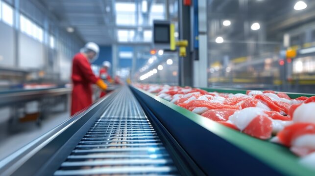 Clean, shiny conveyor line carrying fresh seafood to workers dressed in protective clothing in a modern food processing plant.