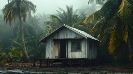Weathered Wooden Cabin in a Lush Green Tropical Jungle Under a Hazy Sky with Dense Forest and Overgrown Foliage