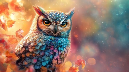 Obraz premium Majestic owl showing colorful feathers in autumnal forest