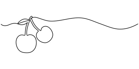 Cherry continuous one line drawing. Editable stroke on a white isolated background. Fruit vector illustration Vector illustration of cherry isolated on white background. For kids coloring. 