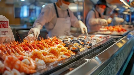 Obraz premium Closeup of seafood on belt with blurred view of workers wearing masks and protective aprons behind. --chaos 12 --ar 16:9 --v 6.1 Job ID: 4c6a9a4a-3614-45a0-89e9-567312239df7