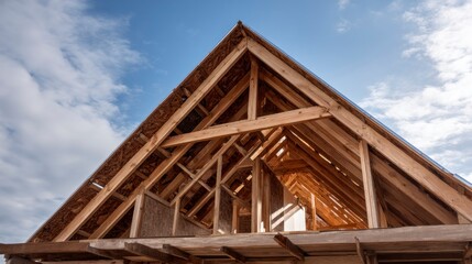 Building Roof Construction with Wooden Frame Under Blue Sky and Clouds