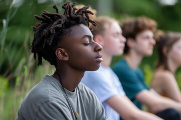 A group of teenagers practicing mindfulness meditation, demonstrating positive methods to manage stress and anxiety,