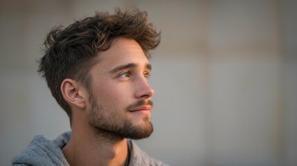 Obraz premium Young man in casual wear, natural side light, soft background - modern simplicity and relaxed confidence