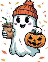 Cute Halloween ghost holding a spice coffee and a carved pumpkin vector illustration isolated On Transparent Background