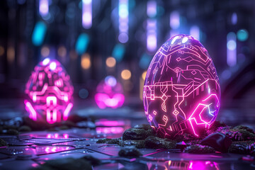 Futuristic Easter eggs glowing with neon lights and AI patterns in a sci-fi digital landscape.
