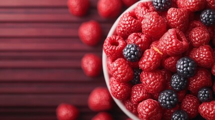 Health, immunity and balance concept. Fresh berries in a bowl on a red background.
