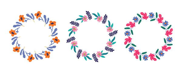 Spring floral circle frame set. Hand drawn botanical wreaths featuring branches, leaves, and flowers. Vector isolated illustrations perfect for wedding invitations, cards, and logos.