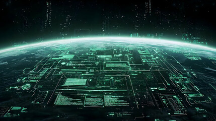 Digital Futuristic Planet With Glowing Green Code