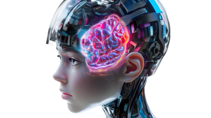 Futuristic AI Robot Head with Digital Brain 3D Rendering Concept Illustration
