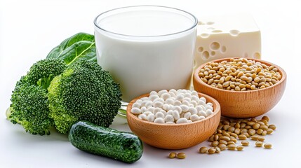 A close-up shot showcases a nutritious assortment of calcium-rich foods including milk, cheese, broccoli, soybeans, and calcium supplements arranged on a pristine white background.