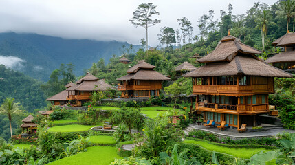 Wooden Bungalows with Thatched Roofs Nestled in Lush Green Tropical Landscape Under Overcast Sky Showing Tropical Villa Architecture