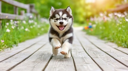 Happy Puppy Running Down a Wooden Path Surrounded by Flowers