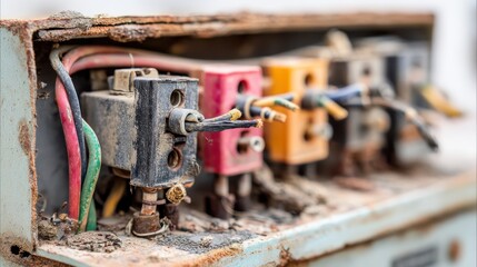 Outage Deficit Infrastructure Type. Rusty electrical components with dust and grime in an old device.