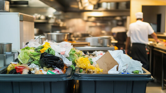 Overflowing trash bins in busy restaurant kitchen scene Generative AI