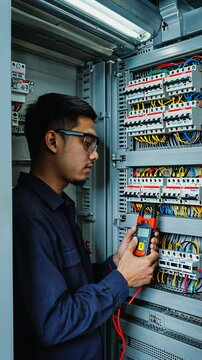 Electrician inspecting a complex electrical panel with a clamp meter, wearing safety glasses in an industrial setting.