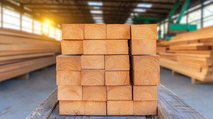 Stacked Wooden Blocks with Sunlight in Spacious Warehouse Interior