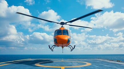 Bright Orange Helicopter Flying Above a Helipad Over Ocean Waves