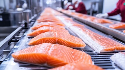 Salmon cuts gliding on an automated line with a team of workers organizing packs nearby.