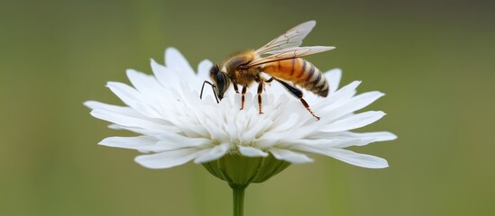 Honeybee gathering nectar on delicate white petals of a daisy flower