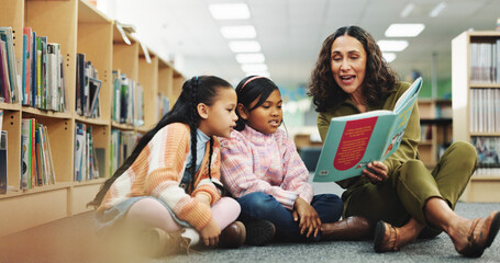 Girl, teacher and book with reading at library for development, learning or study with guide....