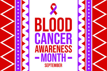 awareness poster for blood cancer month in september with red and purple colors, tribal borders, and bold text promoting early diagnosis and community support