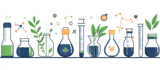 Botanical Science: Vector Illustration of Lab Beakers with Plants and Chemical Structures