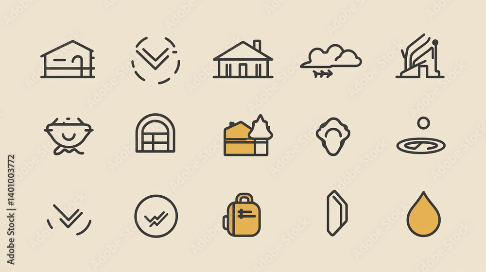 Poster vector icons set for web design and mobile apps with house weather and travel elements isolated on b