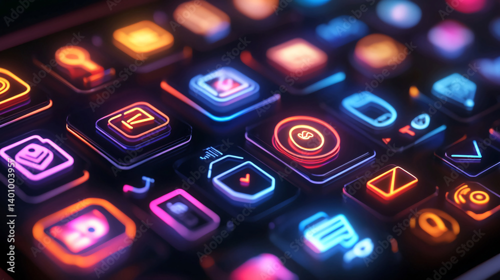 Wall mural neon app icons glowing on smartphone screen for mobile interface design and digital application conc