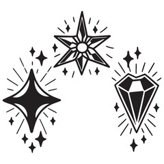Y2k star sparkle bling abstract tattoo shapes. Simple minimal geometric signs and symbols in trendy retro 2000s style. Space cosmos galaxy aesthetic