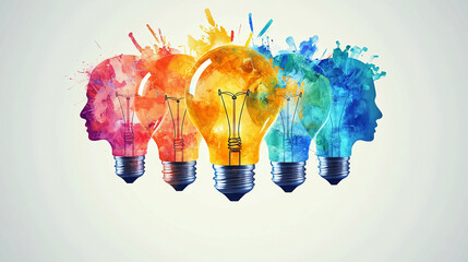 Colorful light bulb heads idea generation creativity innovation concept illustration design art