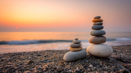 Stacking Stones at Beach at Sunset Creates Balance and Serenity