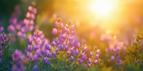 Naklejka premium Purple wildflowers bloom under warm sunlight in a serene garden setting at sunrise, creating a picturesque and tranquil ambiance