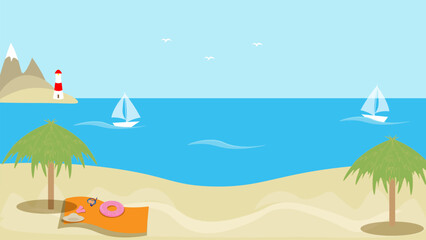 White yachts sail on the blue sea past a tropical beach. There is a lighthouse on the other shore. The concept of travel. Vector illustration