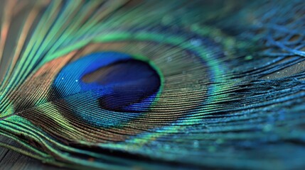 Fototapeta premium Macro photography of a peacock feather eye spot with vibrant blue, green, gold, and black hues