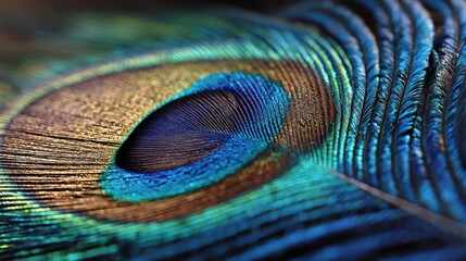 Fototapeta premium Macro photography of a peacock feather eye spot with vibrant blue, green, gold, and black hues