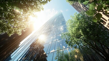 A modern skyscraper rises amidst lush greenery in a bustling city.