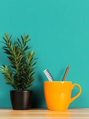 Bright Desk Setup with Orange Mug and Potted Plant on Wooden Surface