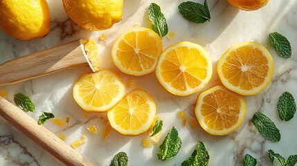 A vibrant flatlay of freshly sliced lemons arranged on a marble surface, with scattered mint leaves, a wooden citrus reamer, and a few lemon seeds adding texture, lit by bright morning sunlight.