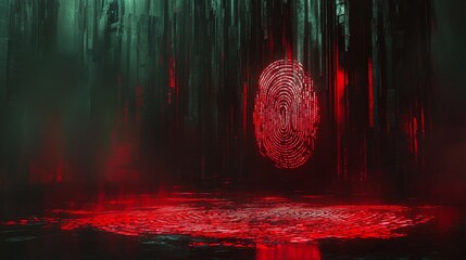 Glowing red fingerprint hovering in dark digital room reflecting on wet floor