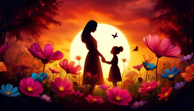 Sunset Mother and Dausghter Silhouette
